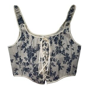 Vintage Style Lace up Floral Corset Top Renaissance Ivory & Blue Large